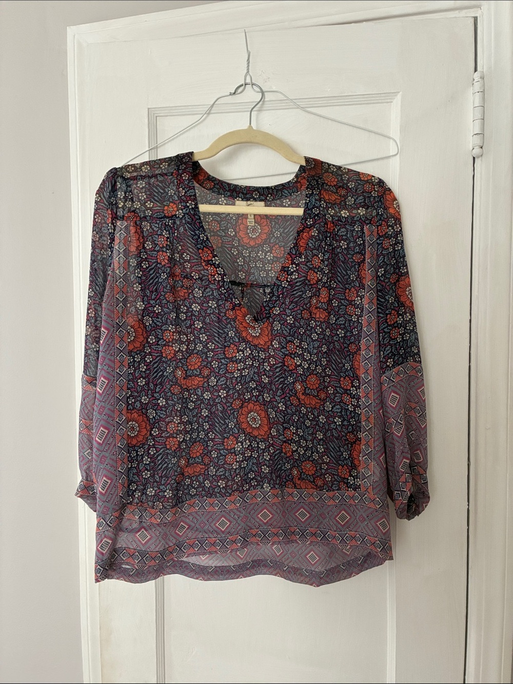 Joie Navy Sheer Floral V-Neck Blouse with Red Accents